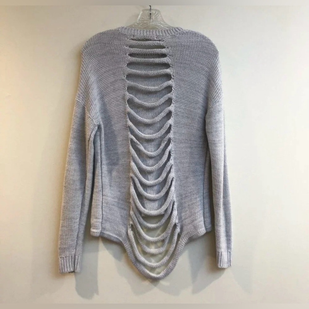 Rare Oversized Stitches & Stripes Knit Cutout Back Gray Crew Neck Sweater XS